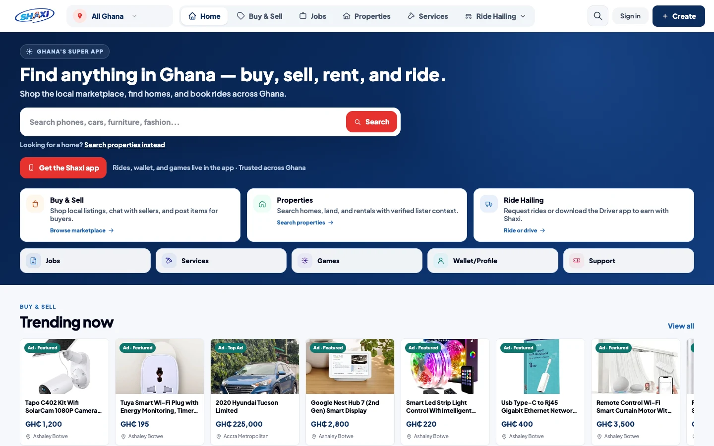 shaxigh.com home page presenting rides, marketplace, properties, and jobs