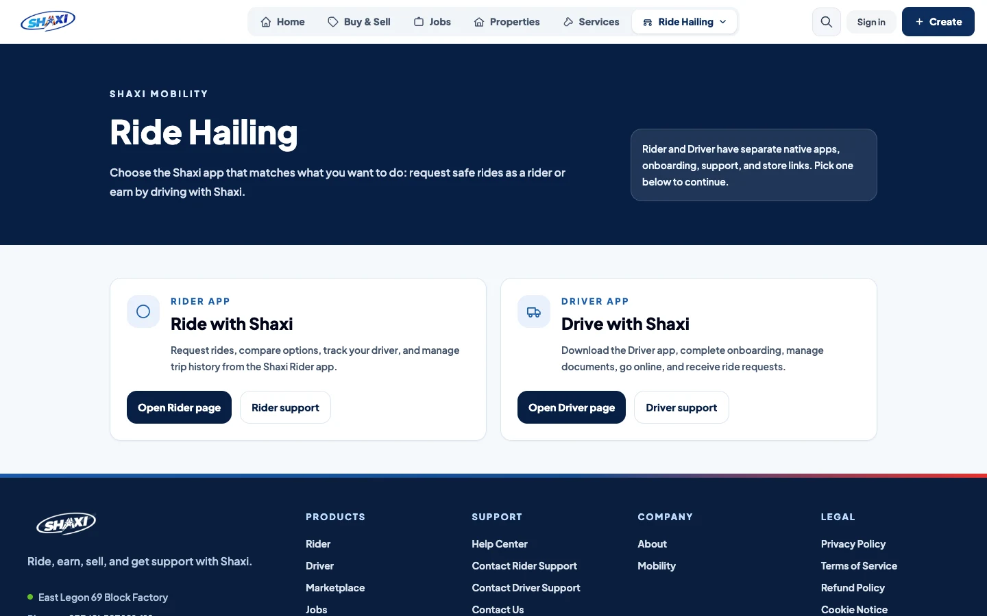 Ride hailing page with rider and driver paths