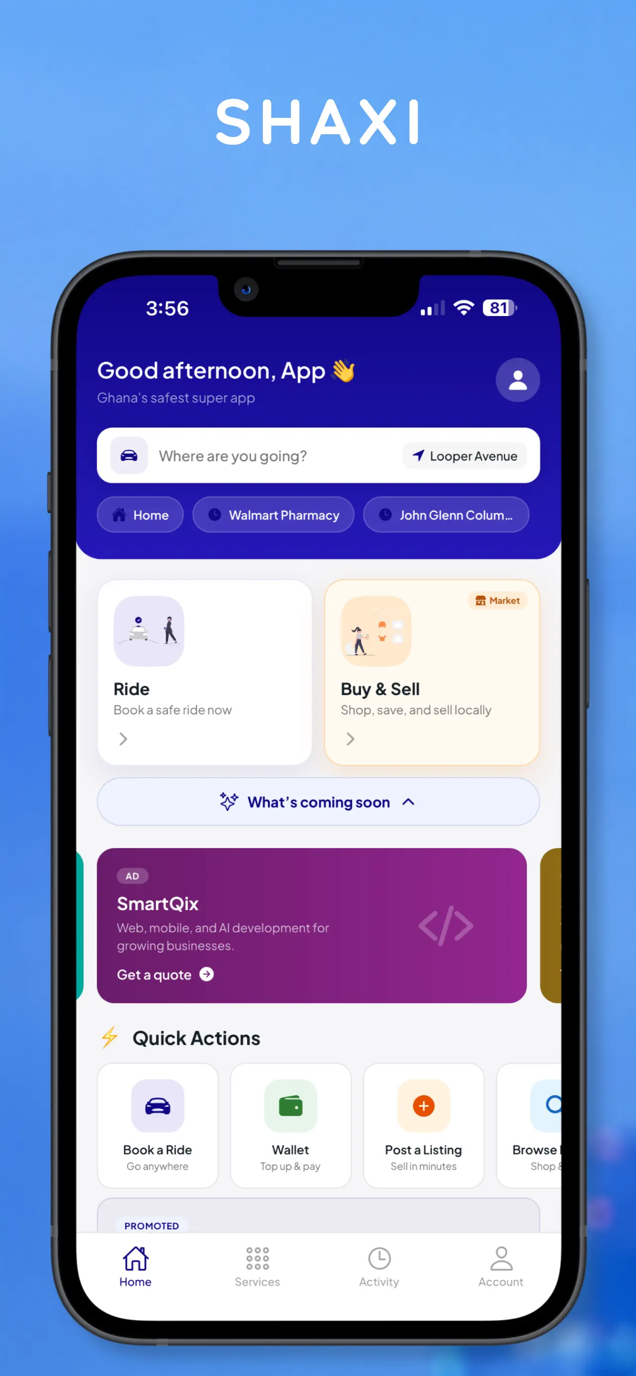 Shaxi rider home with destination search, saved places, ride and marketplace entry points, and quick actions
