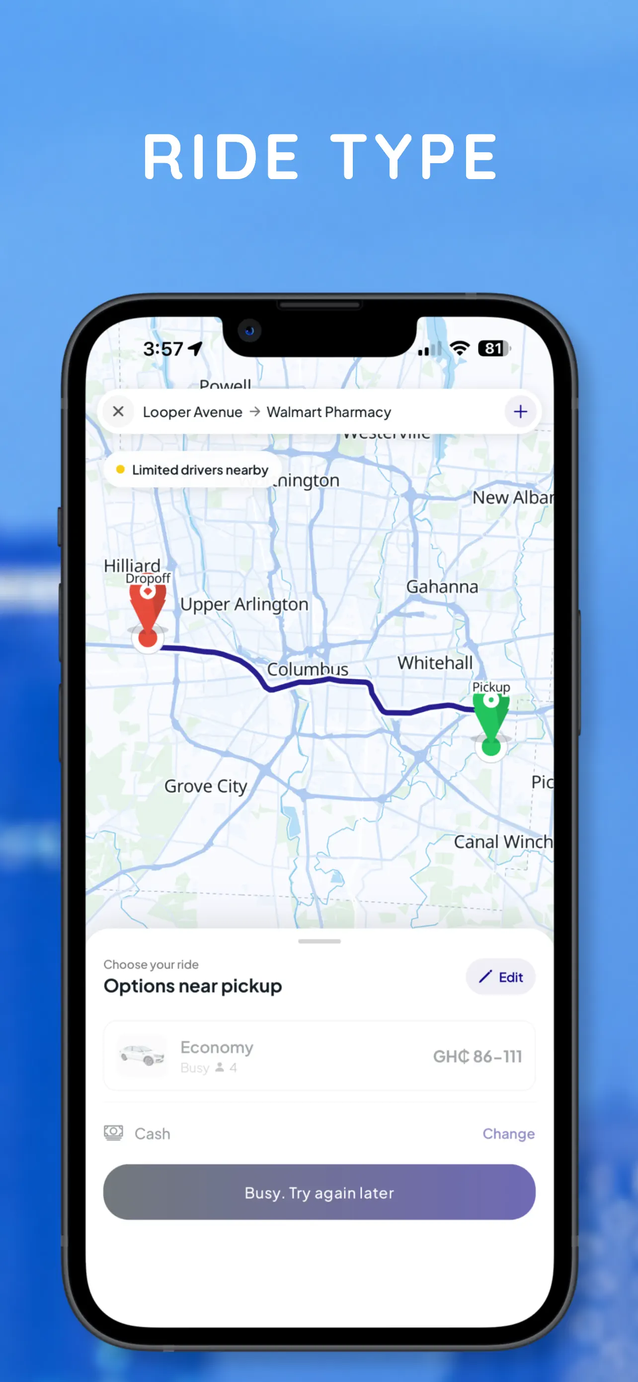 Route preview with ride options, cedi fare range, driver availability, and cash payment selection