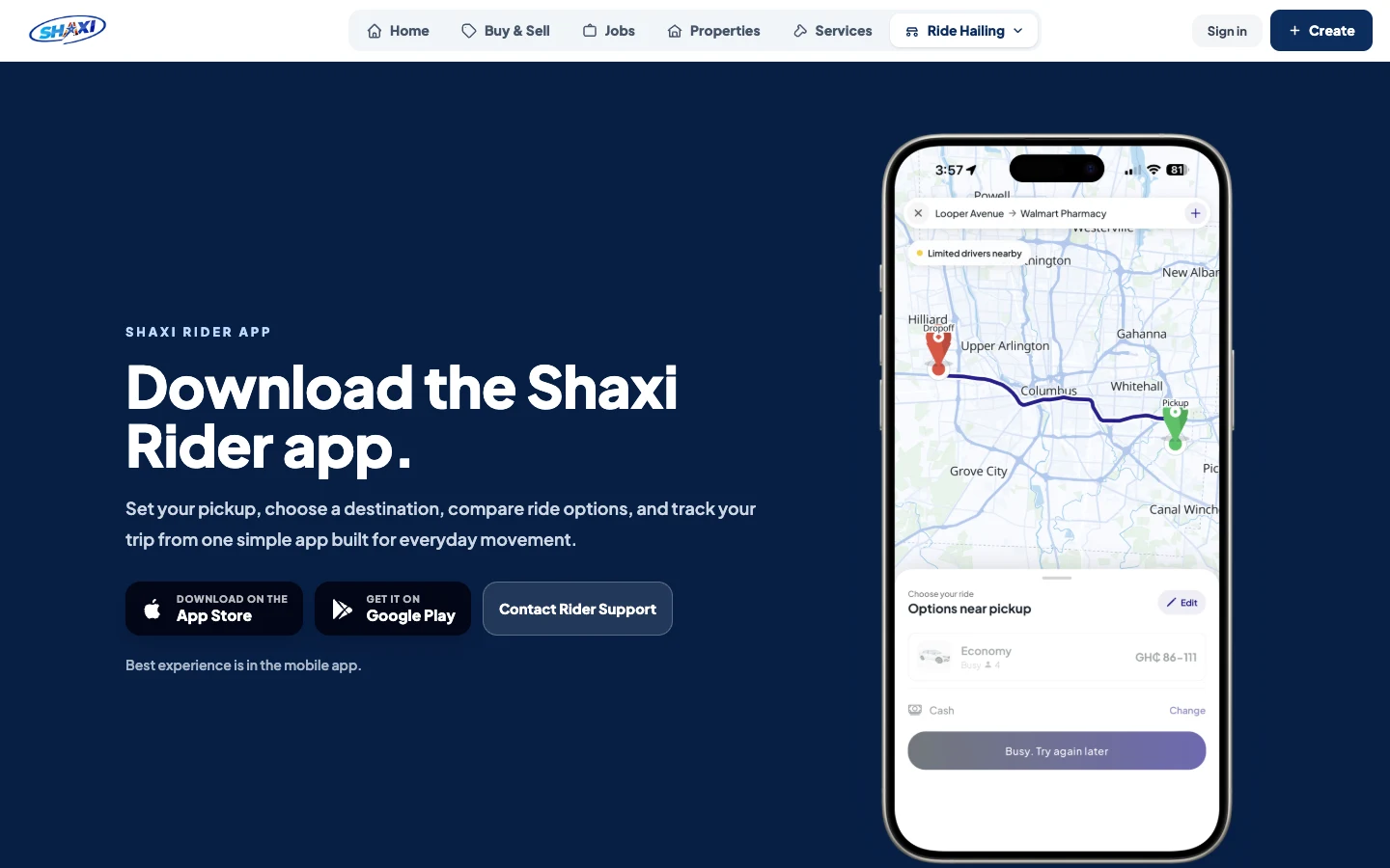 Rider page with how it works and app download links