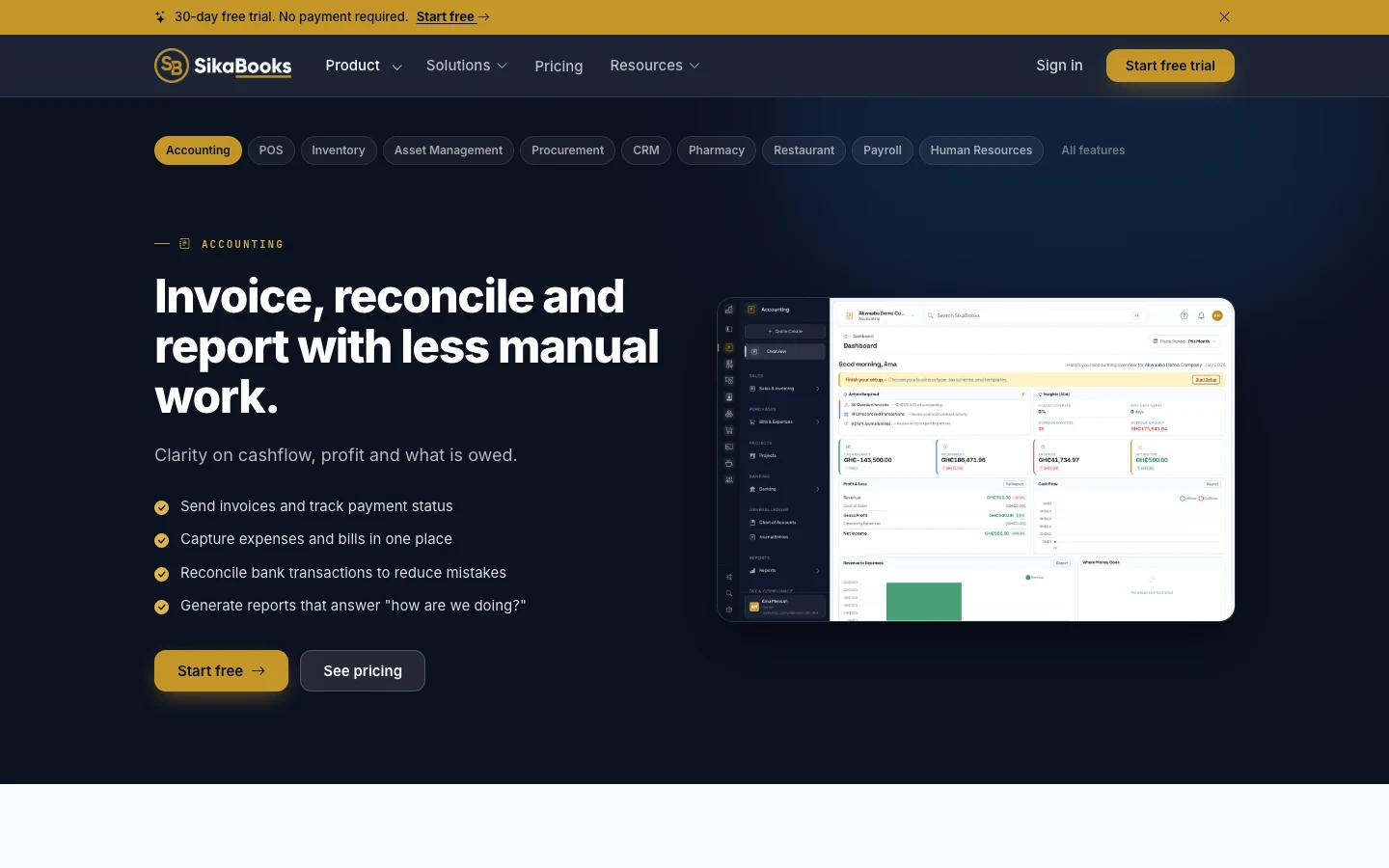 Accounting module page with invoicing, bank reconciliation, and reports, desktop view