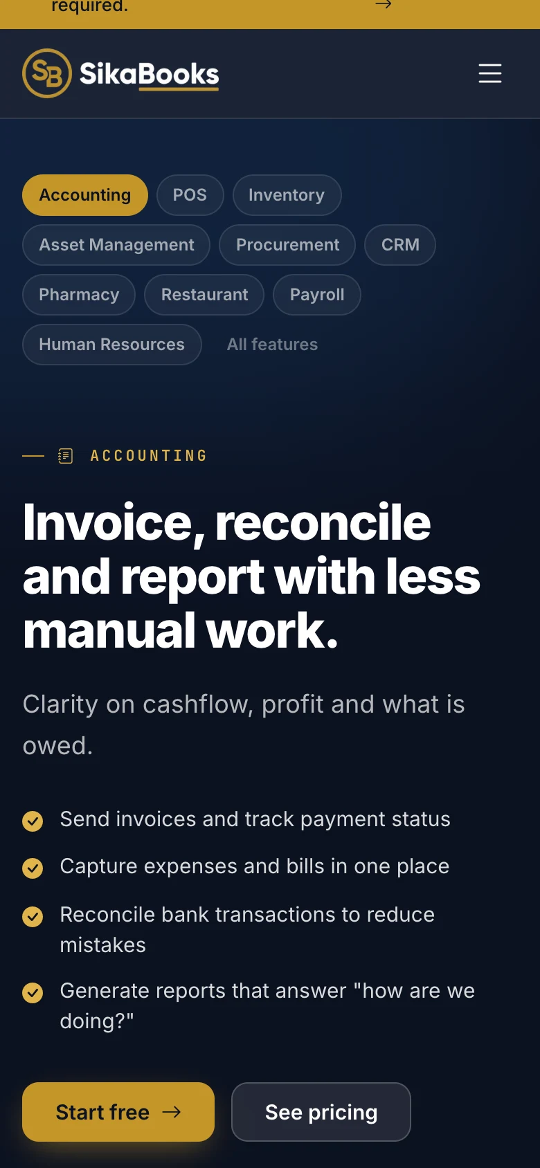 Accounting module page with invoicing, bank reconciliation, and reports, mobile view