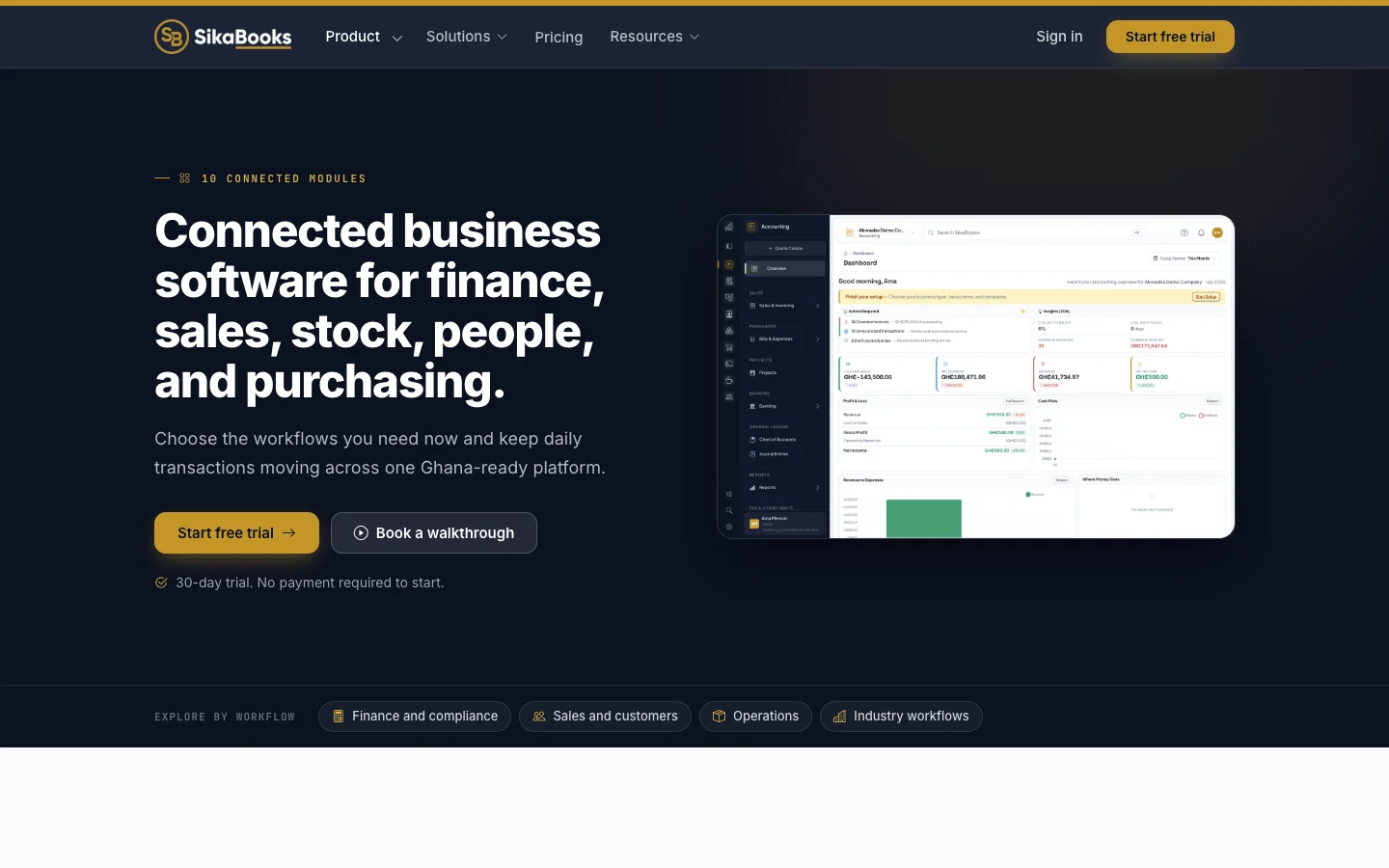 Features page listing the ten modules, desktop view