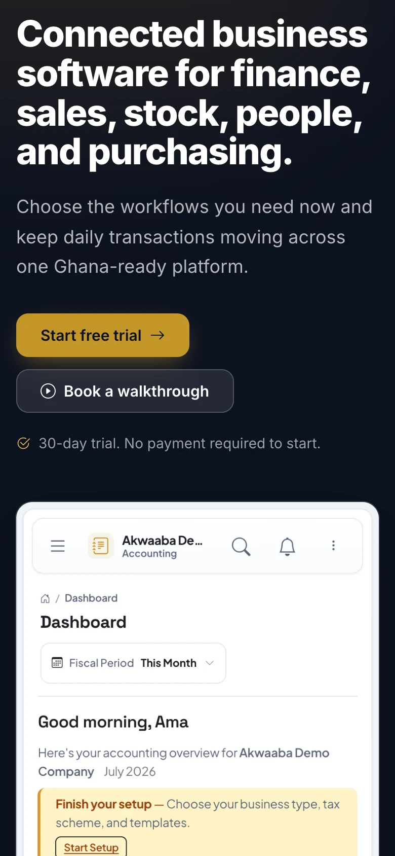 Features page listing the ten modules, mobile view