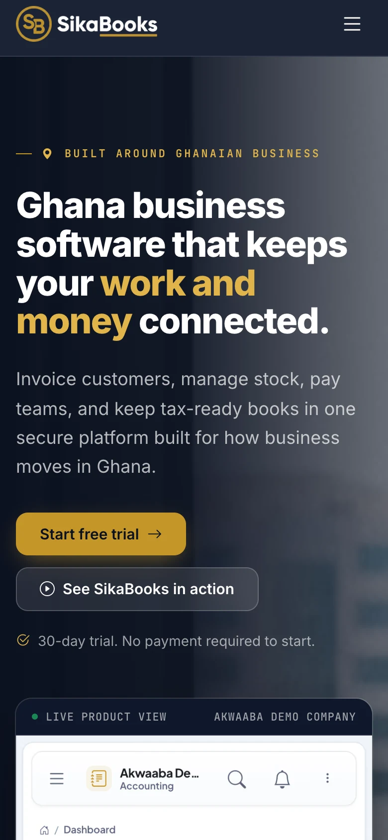 SikaBooks home with the "Built around Ghanaian business" hero and module overview, mobile view