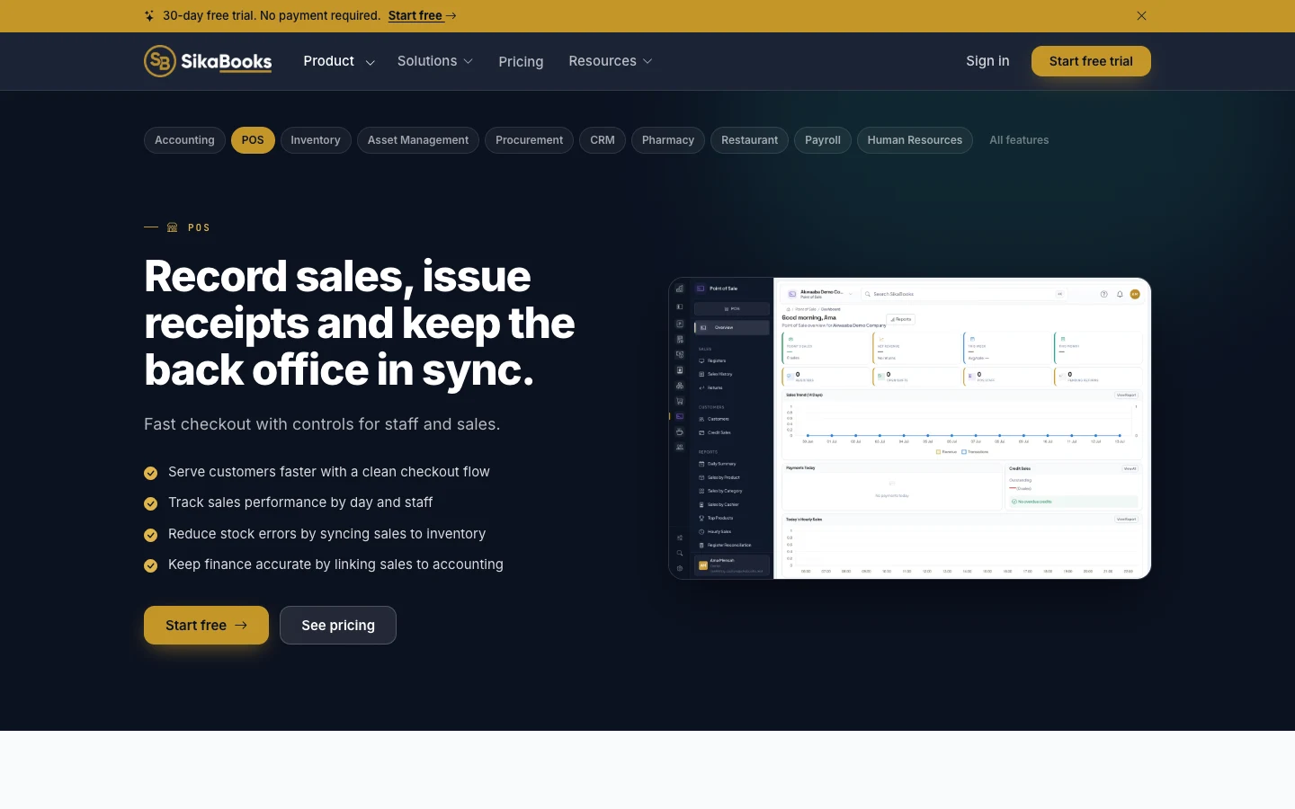 Point of sale module page, desktop view