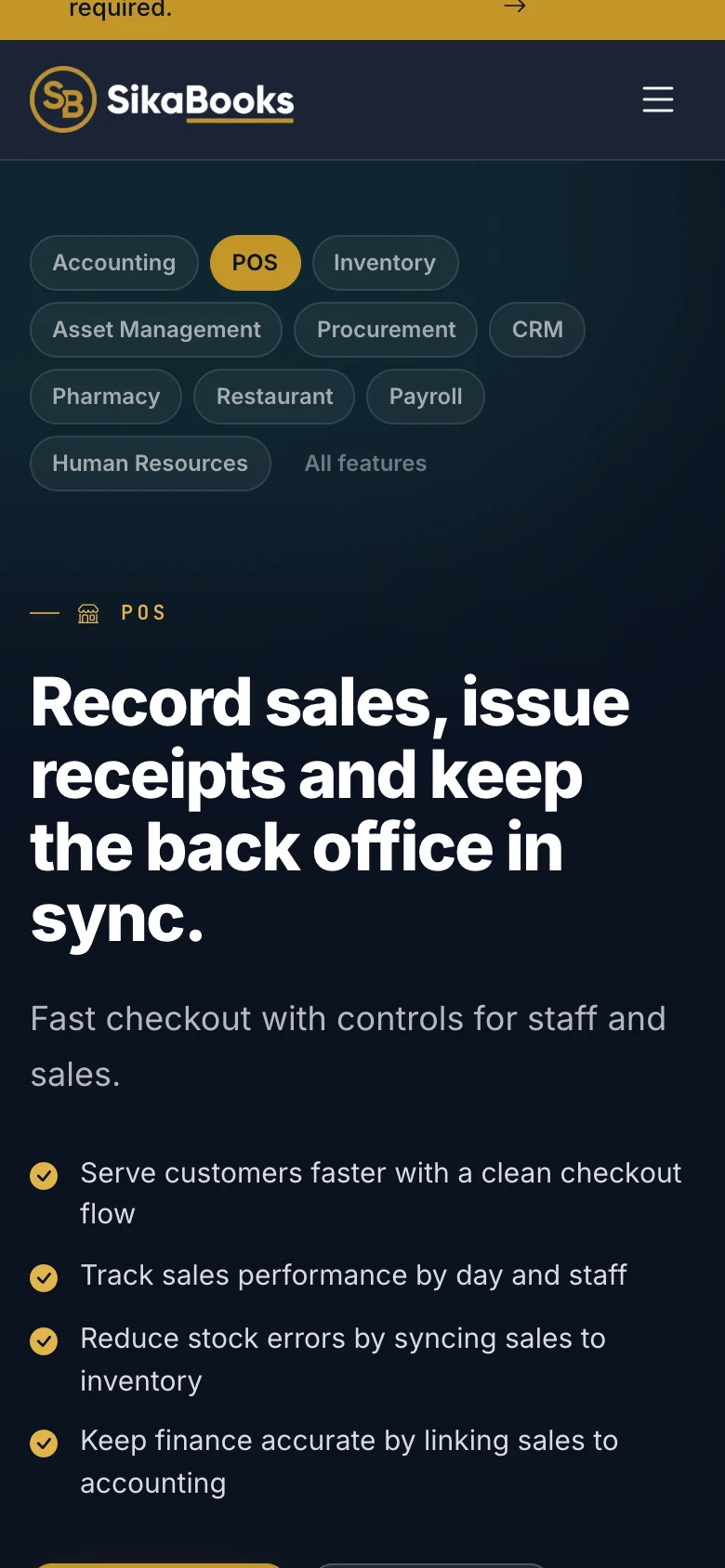 Point of sale module page, mobile view
