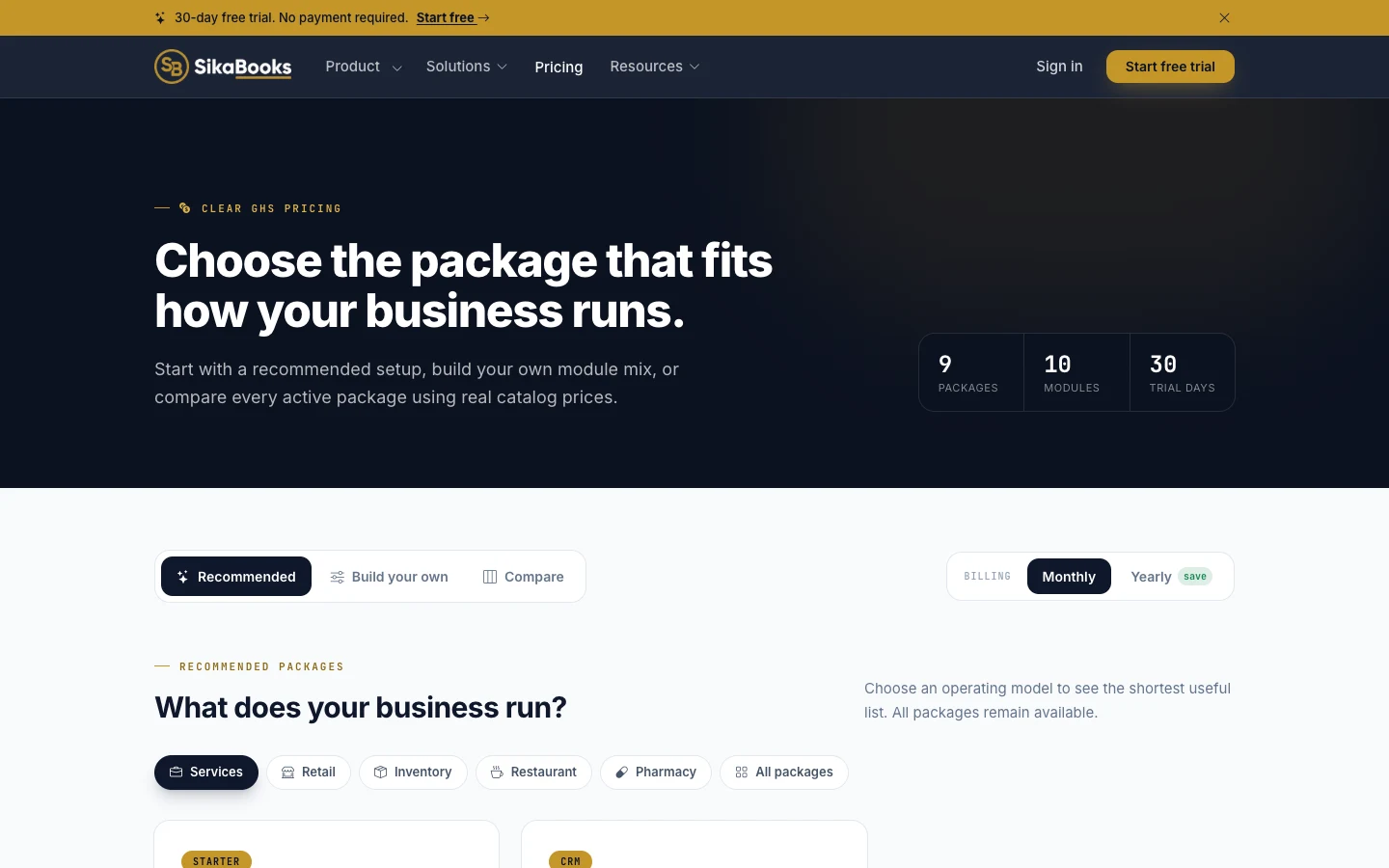 Pricing page with Starter, Commerce, and Hospitality bundles in cedis, desktop view