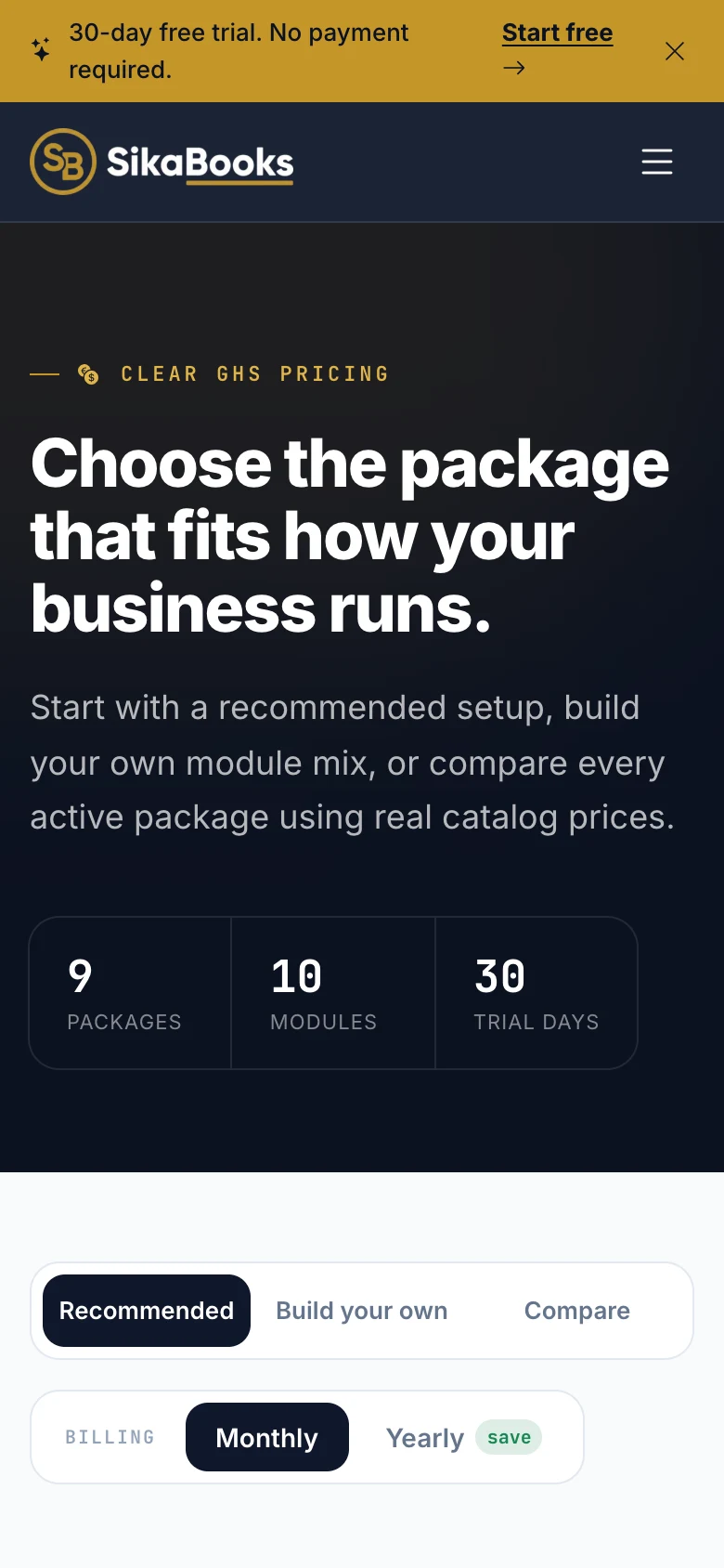 Pricing page with Starter, Commerce, and Hospitality bundles in cedis, mobile view