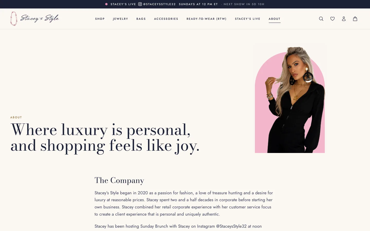 About page on Stacey and her company, with her portrait in a blush arch, desktop view