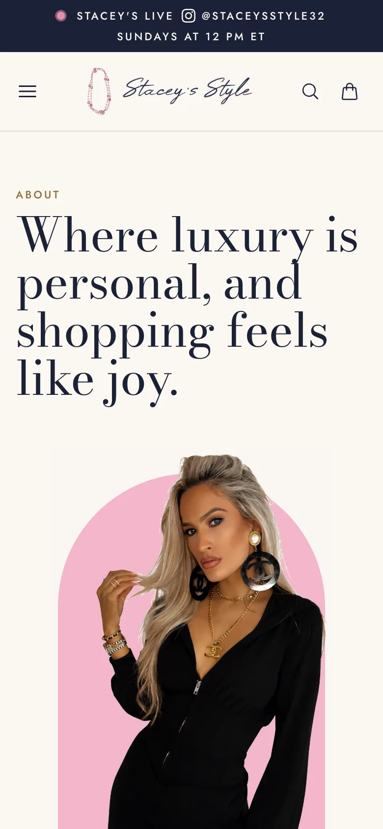 About page on Stacey and her company, with her portrait in a blush arch, mobile view