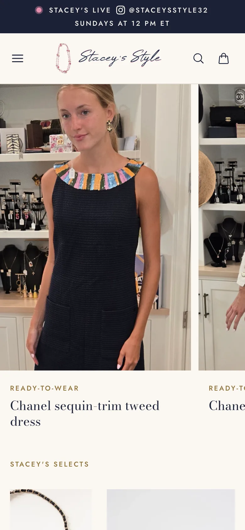 Home page with the countdown to the Sunday live show and three Chanel ready-to-wear pieces modelled in the studio, mobile view