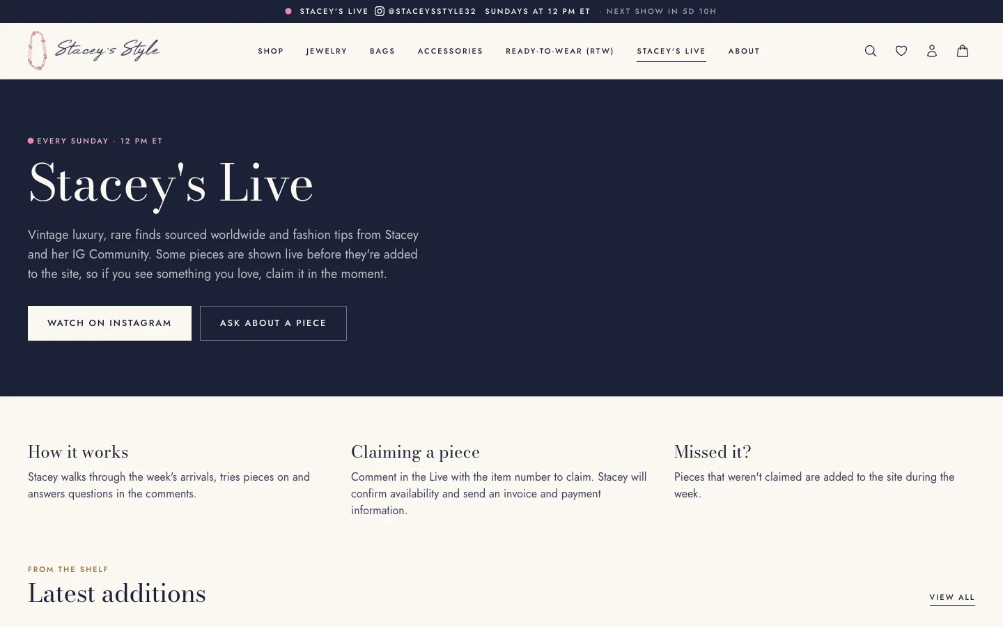 Stacey's Live page explaining the Sunday show, how to claim a piece by its item number, and the latest additions, desktop view