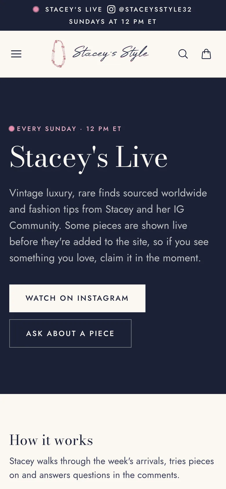 Stacey's Live page explaining the Sunday show, how to claim a piece by its item number, and the latest additions, mobile view