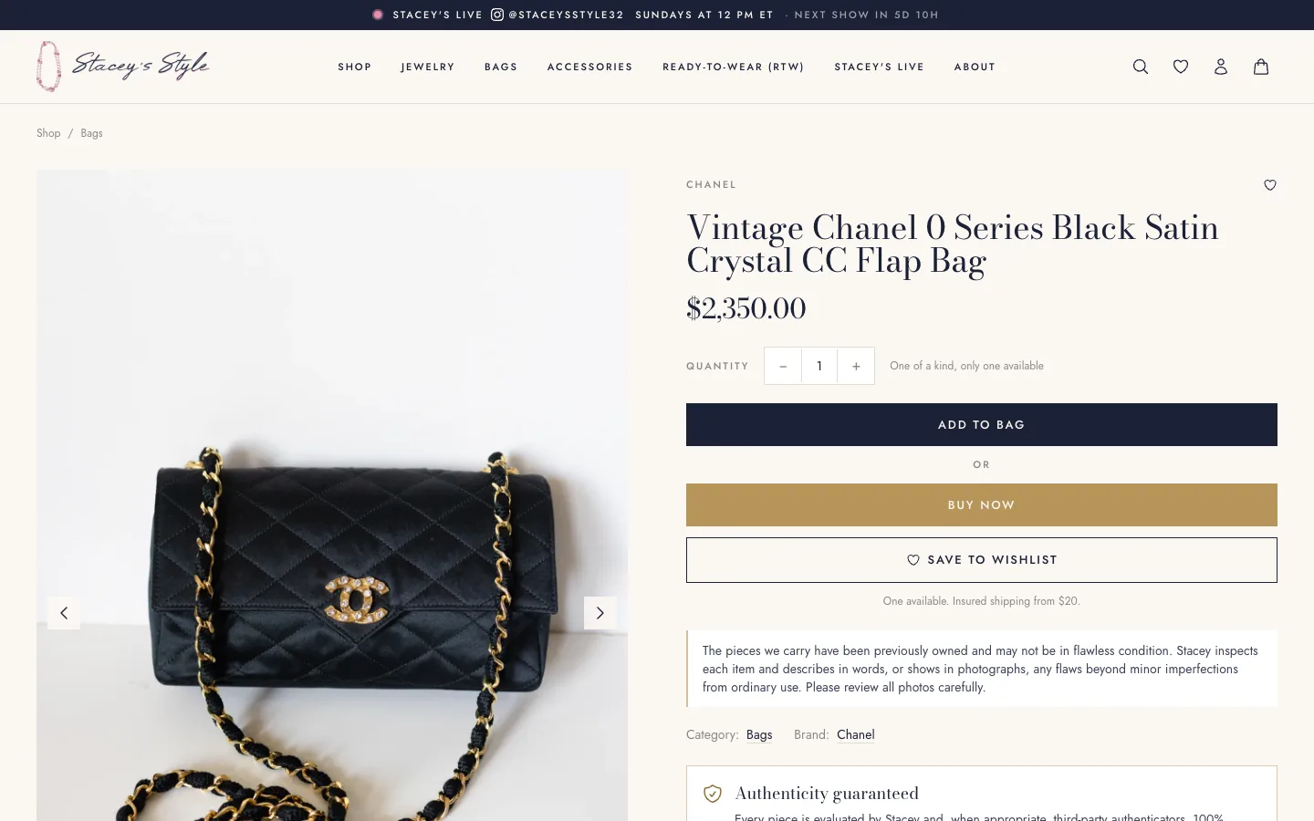 A vintage Chanel flap bag with its photo gallery, price, add to bag, buy now, wishlist, and the authenticity guarantee, desktop view