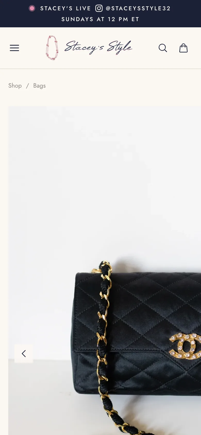 A vintage Chanel flap bag with its photo gallery, price, add to bag, buy now, wishlist, and the authenticity guarantee, mobile view