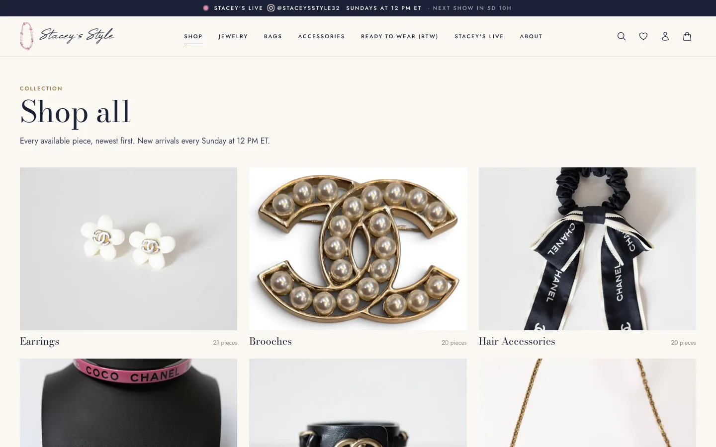 Shop all with category tiles, filters by category and brand, a sold archive, and the newest pieces first, desktop view