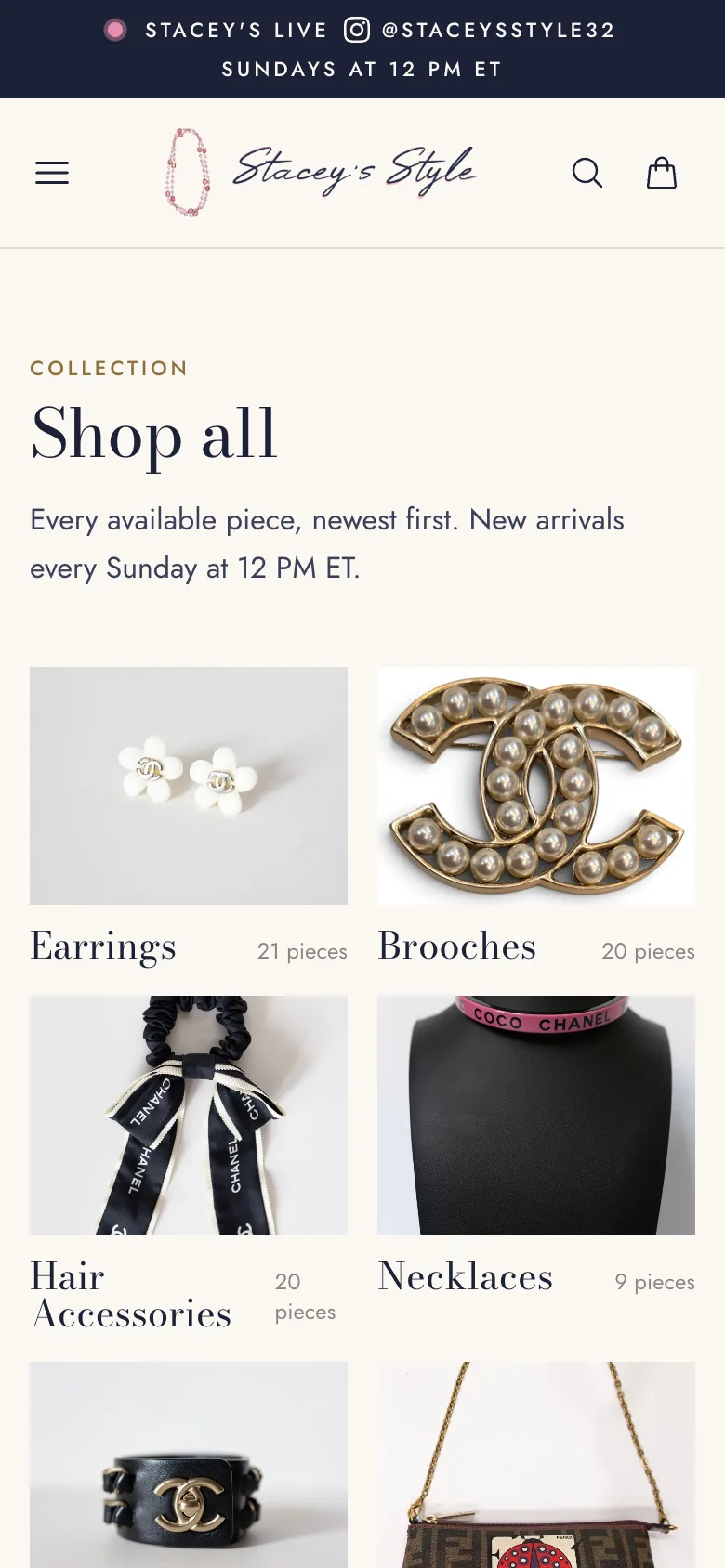 Shop all with category tiles, filters by category and brand, a sold archive, and the newest pieces first, mobile view