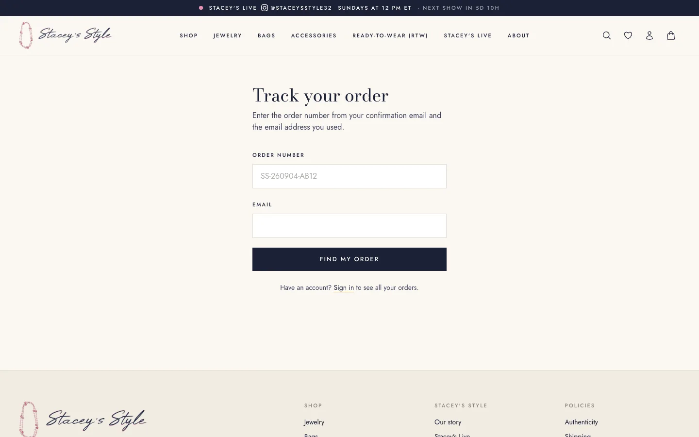 Order tracking by order number and email, with sign-in for account holders, desktop view