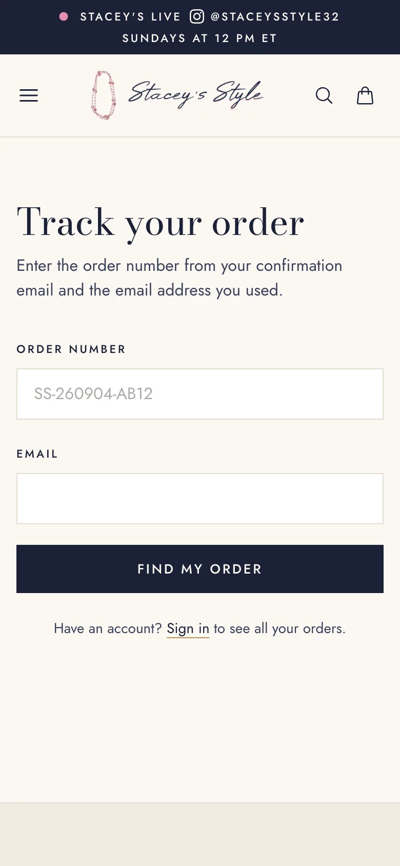 Order tracking by order number and email, with sign-in for account holders, mobile view
