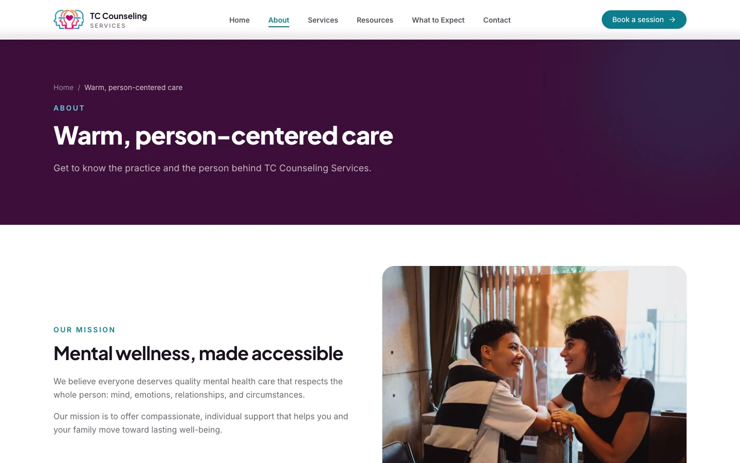 About page introducing Tim Carney, LCSW, and the practice, desktop view