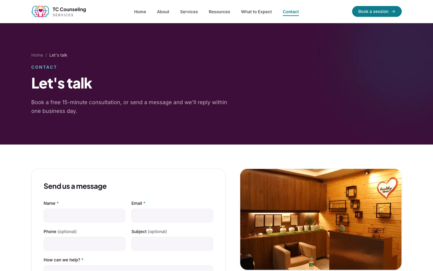 Contact page with phone, email, office address, hours, and consultation booking, desktop view