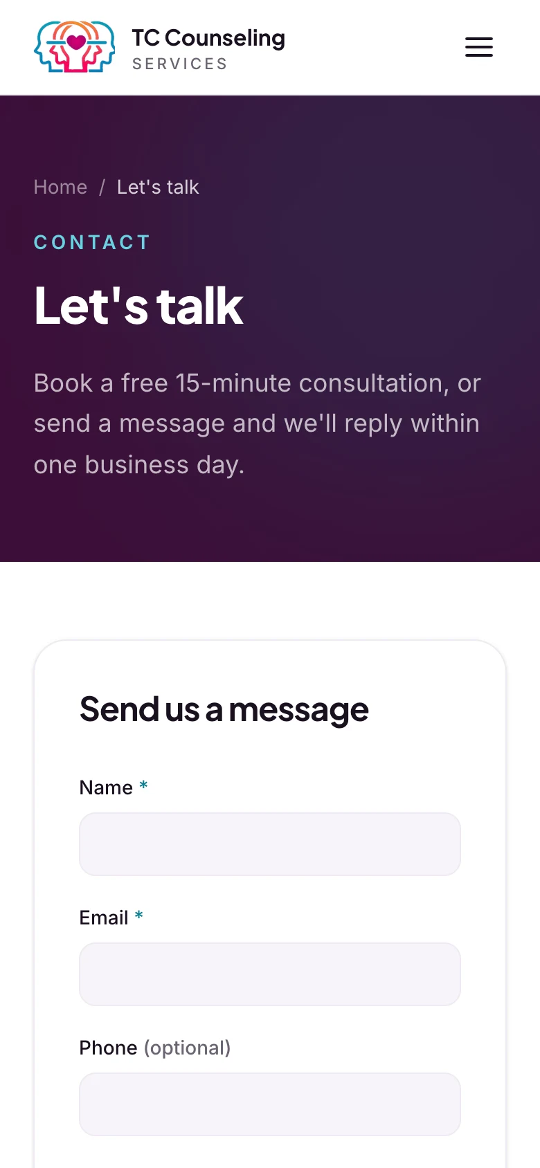 Contact page with phone, email, office address, hours, and consultation booking, mobile view