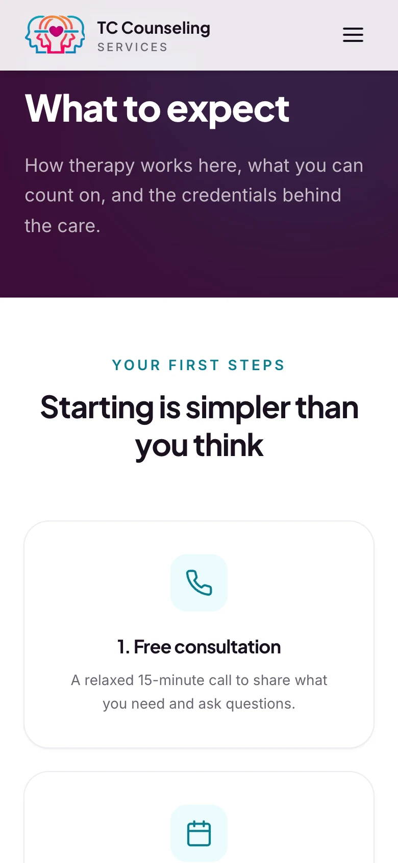 What to expect page walking a new client from first contact to ongoing sessions, mobile view