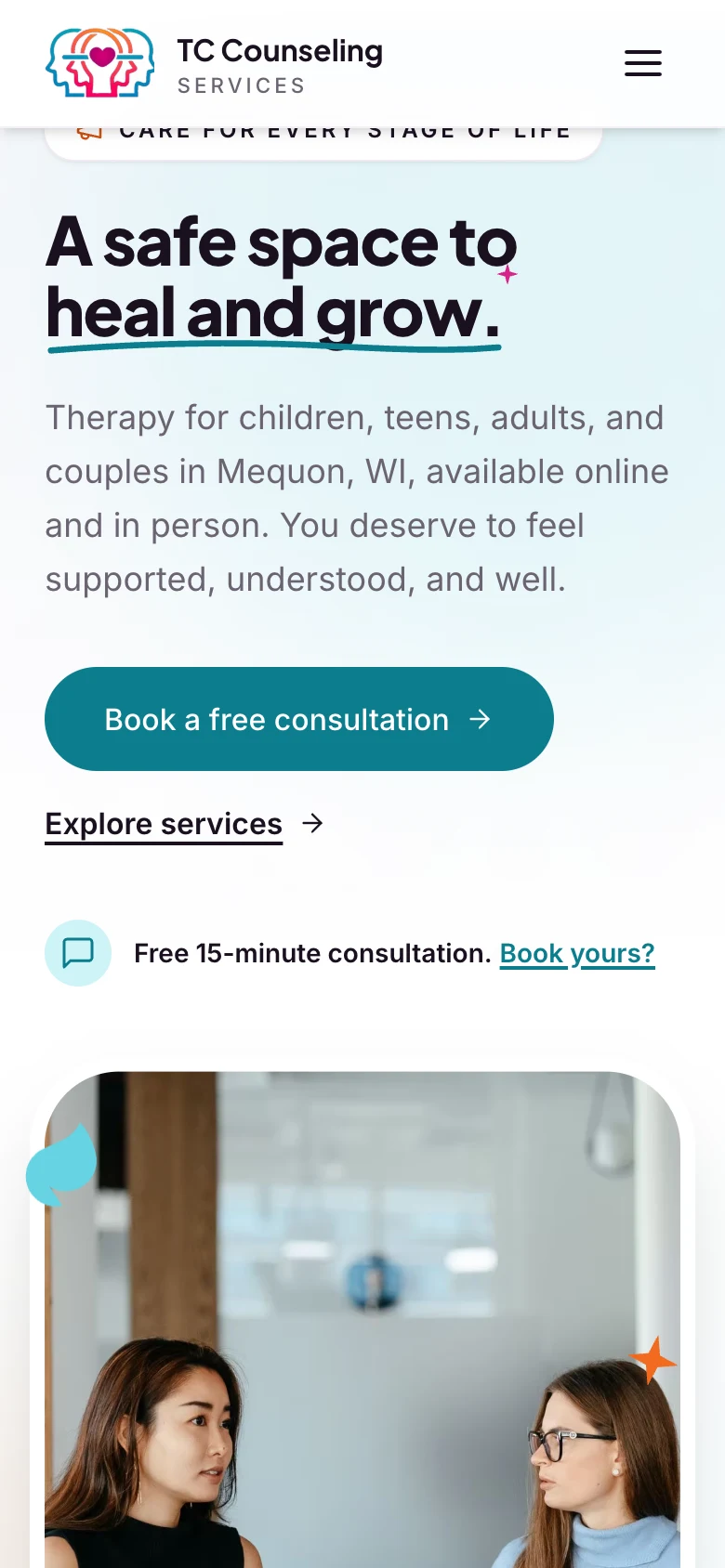 Home page with the "A safe space to heal and grow" hero, services overview, and booking call to action, mobile view