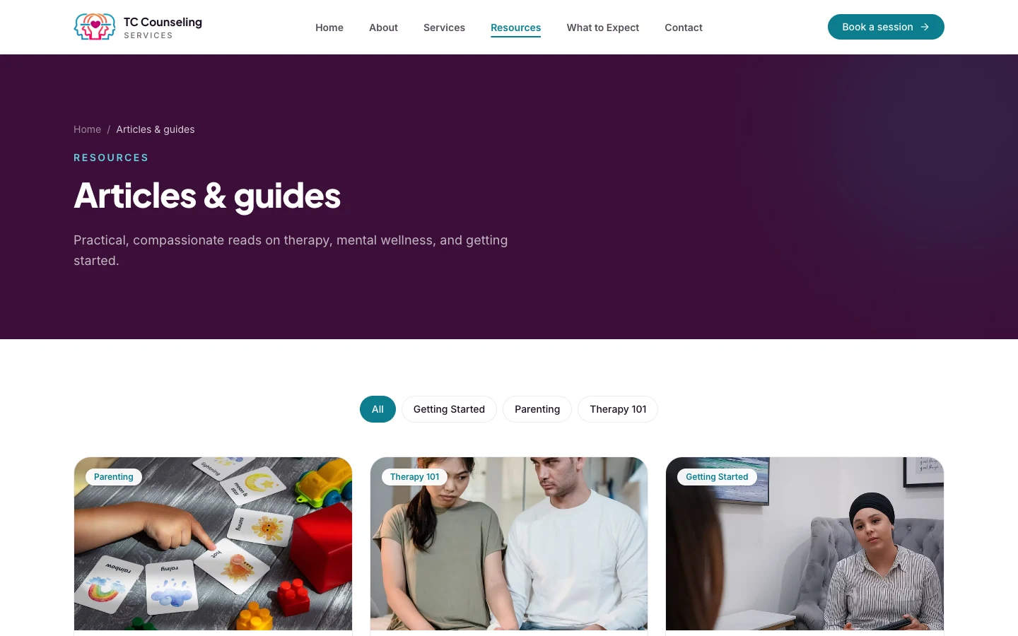 Resources and blog index, desktop view