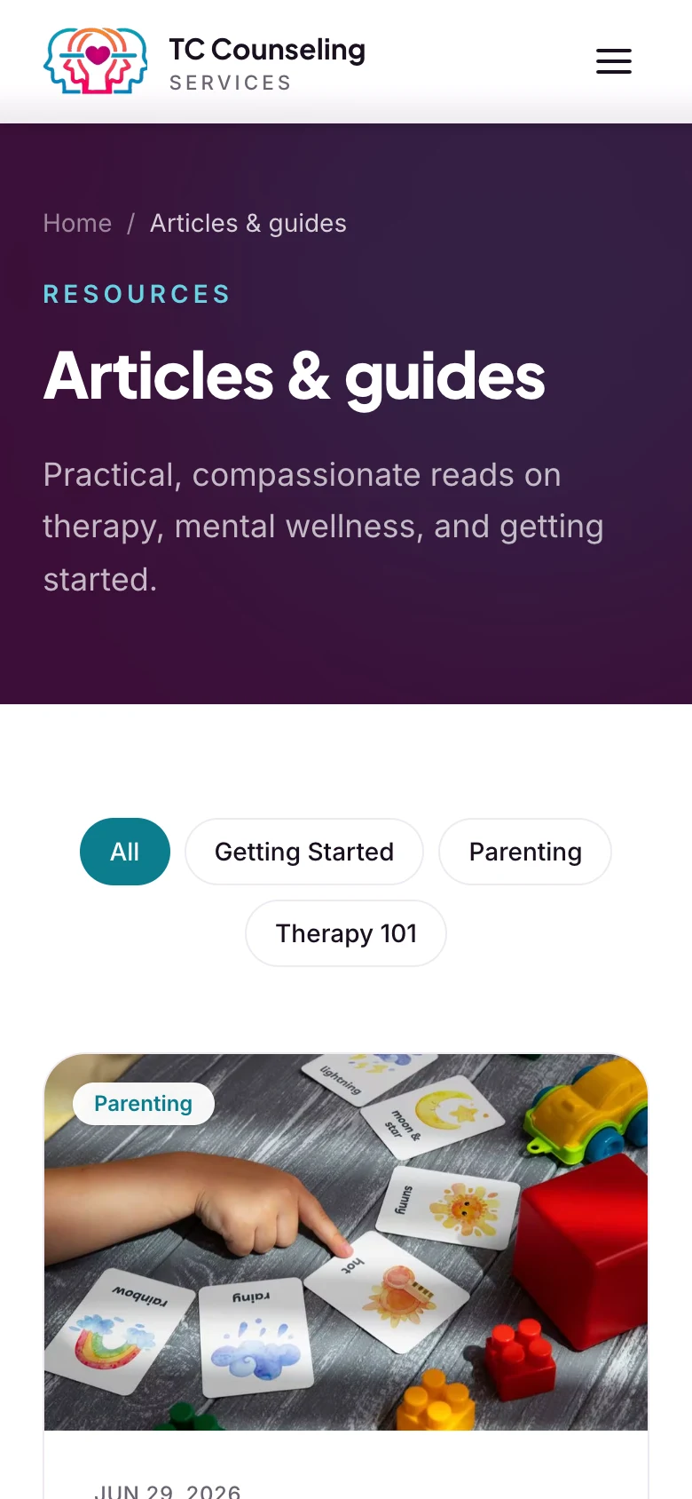 Resources and blog index, mobile view