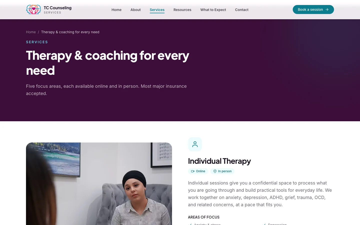 Services page covering individual, child and adolescent, couples, behavioural support, and coaching, desktop view
