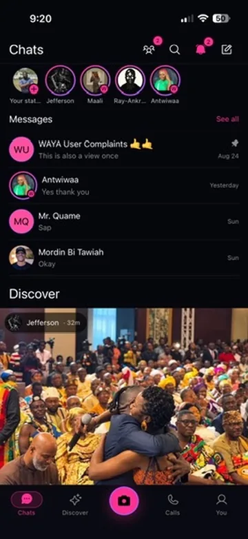 Chats home with stories row, pinned conversation, unread badges, and the Discover preview