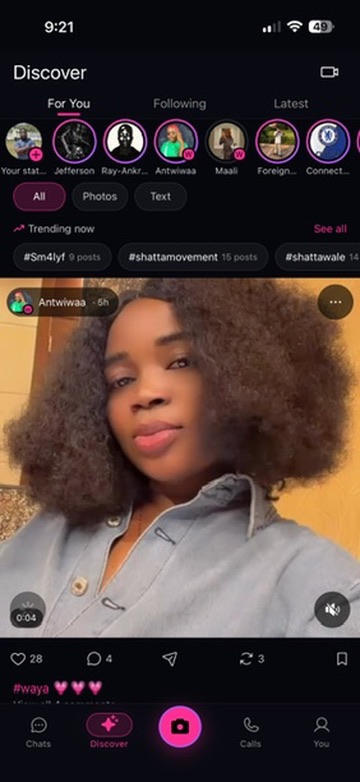 Discover feed on the For You tab with stories, trending hashtags, and a video post with likes, comments, and reposts