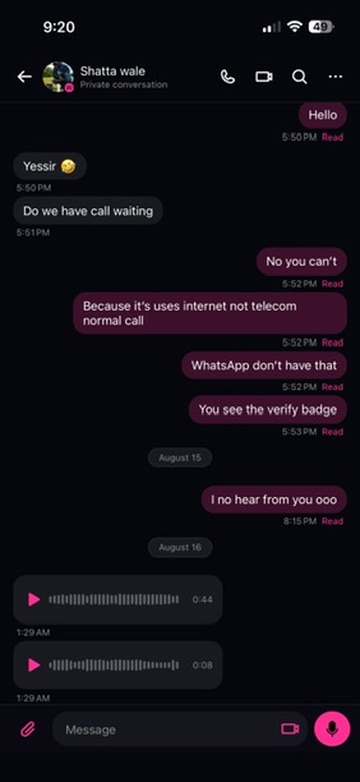 One-to-one conversation with read receipts, dated separators, voice notes, and call buttons