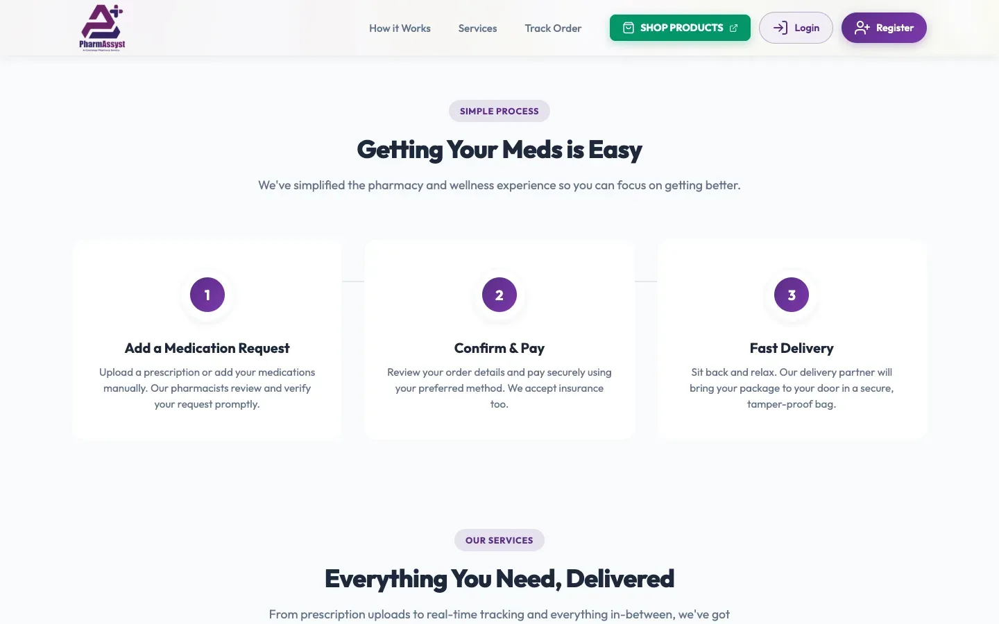 The PharmAssyst "How it works" section: add a medication request, confirm and pay, fast delivery